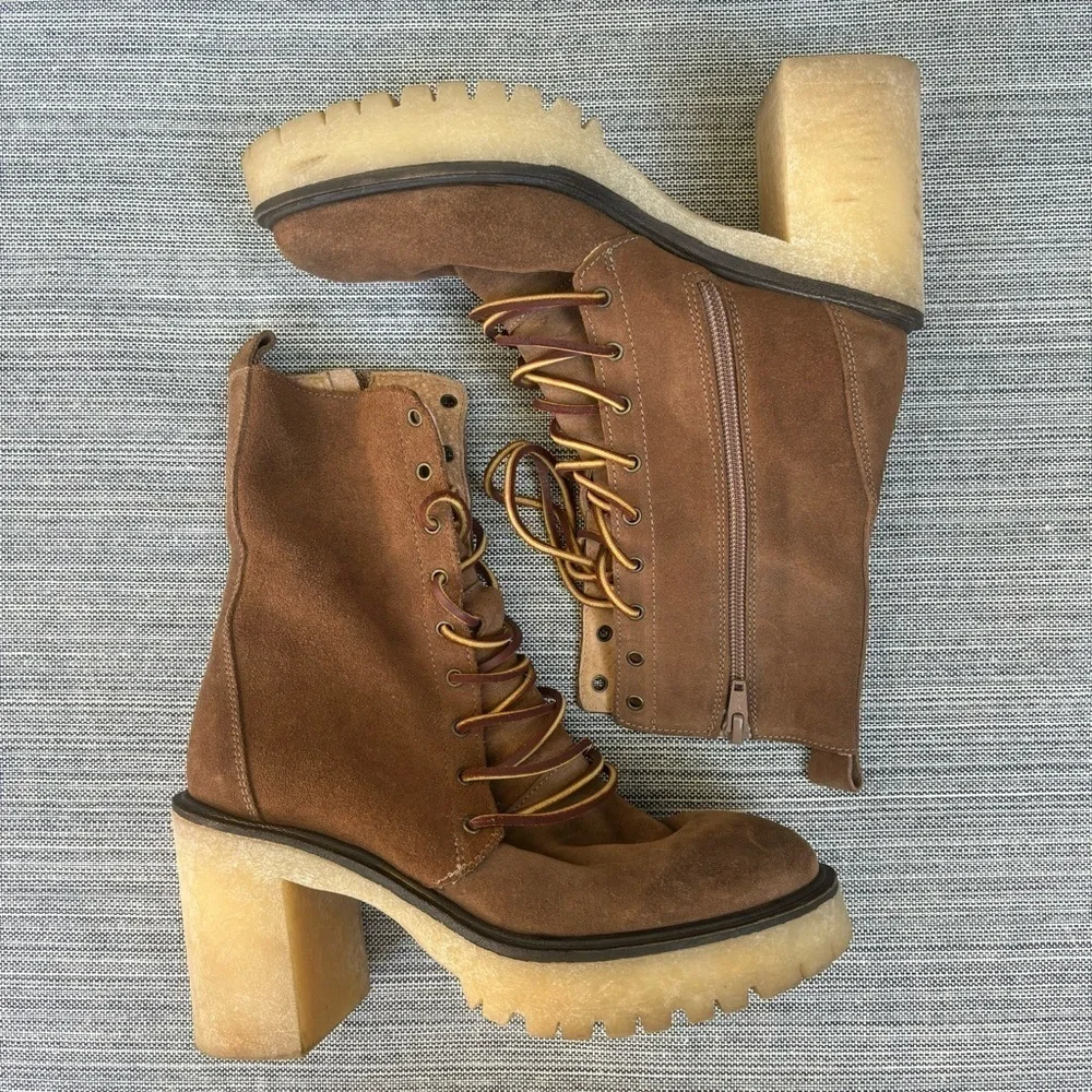 FREE PEOPLE Dylan Lace Up Boots Taupe Brown Size EU 36 Chunky Platform Heel